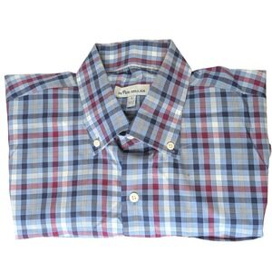 Peter Millar Men Blue Red Plaid Cotton Button Down Shirt L 24.5 (P2P) 30 Length